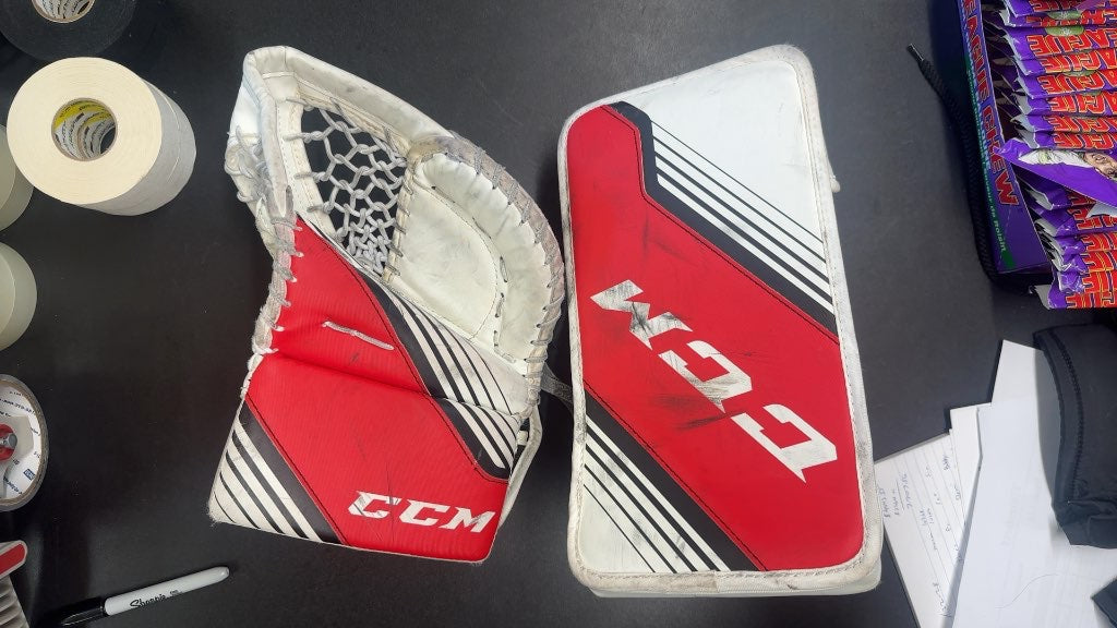 CCM Extreme Flex Youth Goalie Glove and Blocker Set Red/White/Black Used
