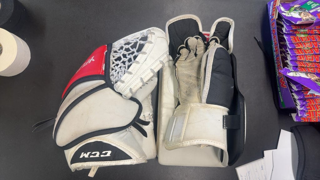 CCM Extreme Flex Youth Goalie Glove and Blocker Set Red/White/Black Used