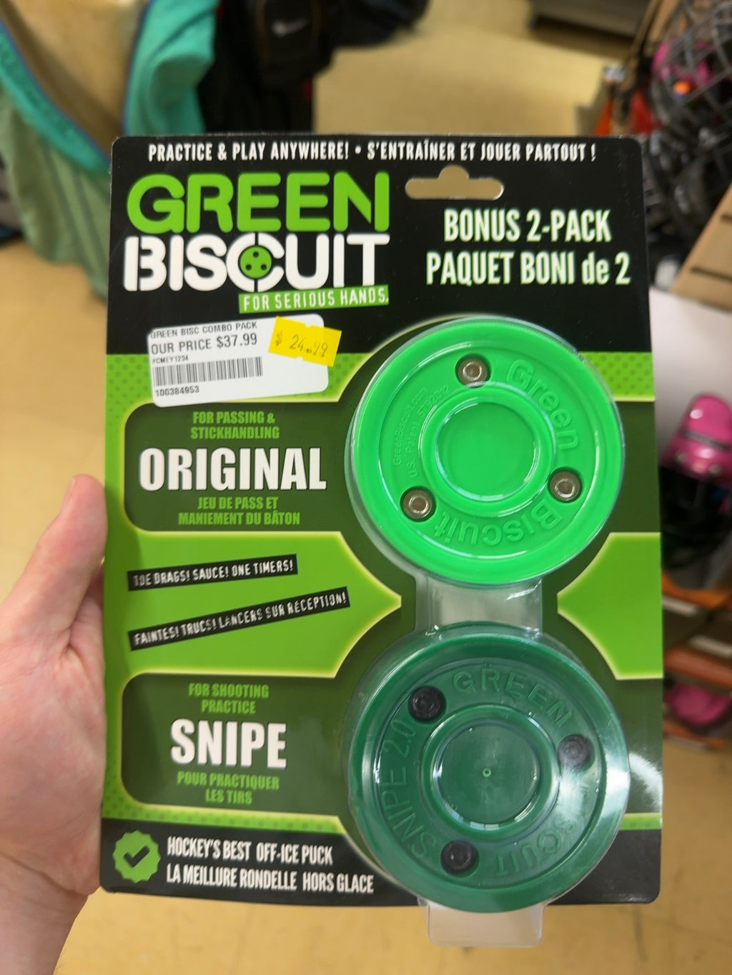 Green Biscuit Combo Pack - Original & Snipe Off-Ice Hockey Pucks