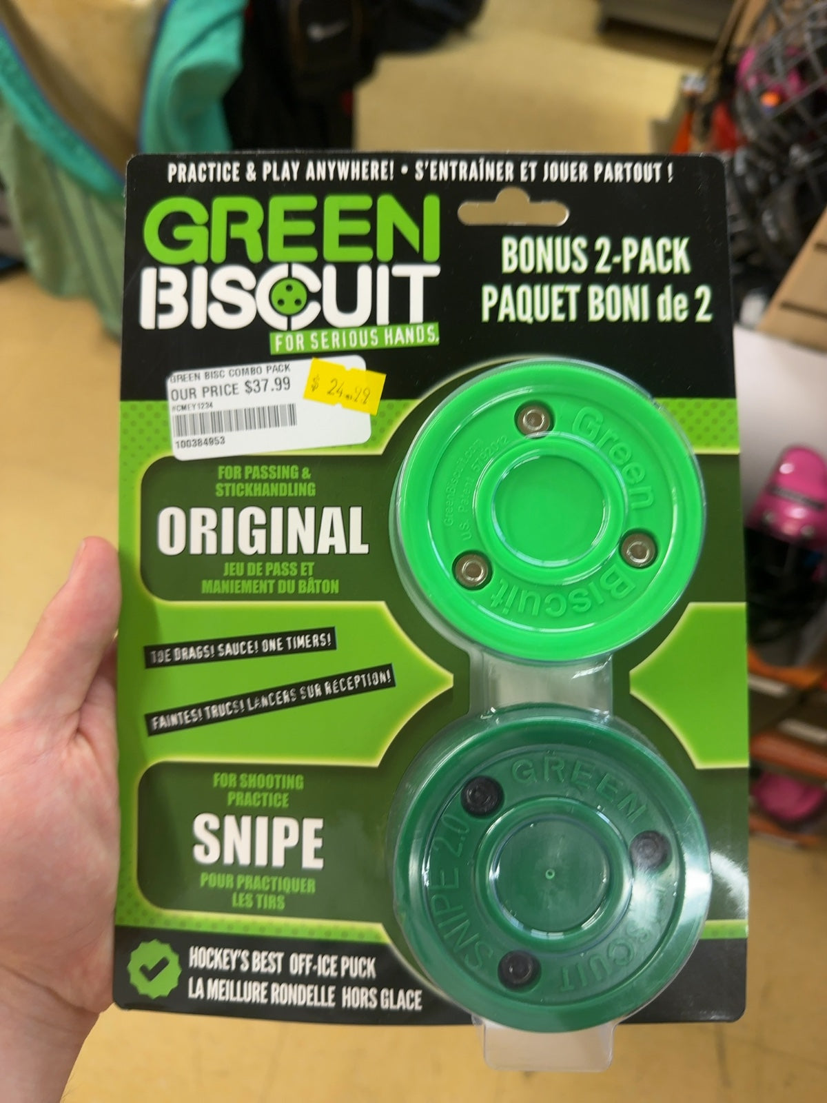 Green Biscuit Combo Pack - Original & Snipe Off-Ice Hockey Pucks