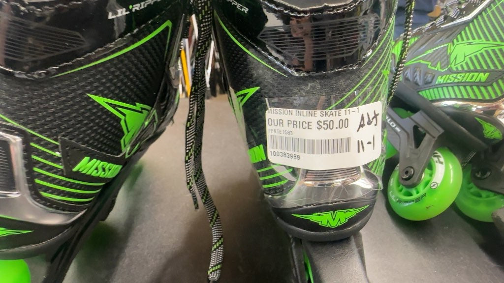 Mission Lil' Ripper Inline Hockey Skates Black/Green Used Size Y11-Y12