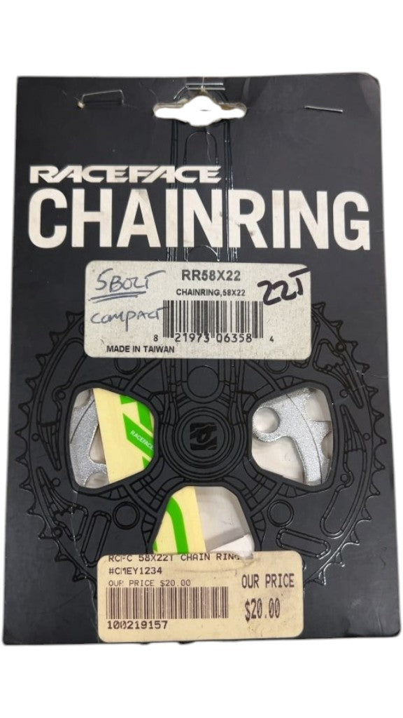 RaceFace 22T 5-Bolt Compact Chainring RR58X22 New 58mm BCD