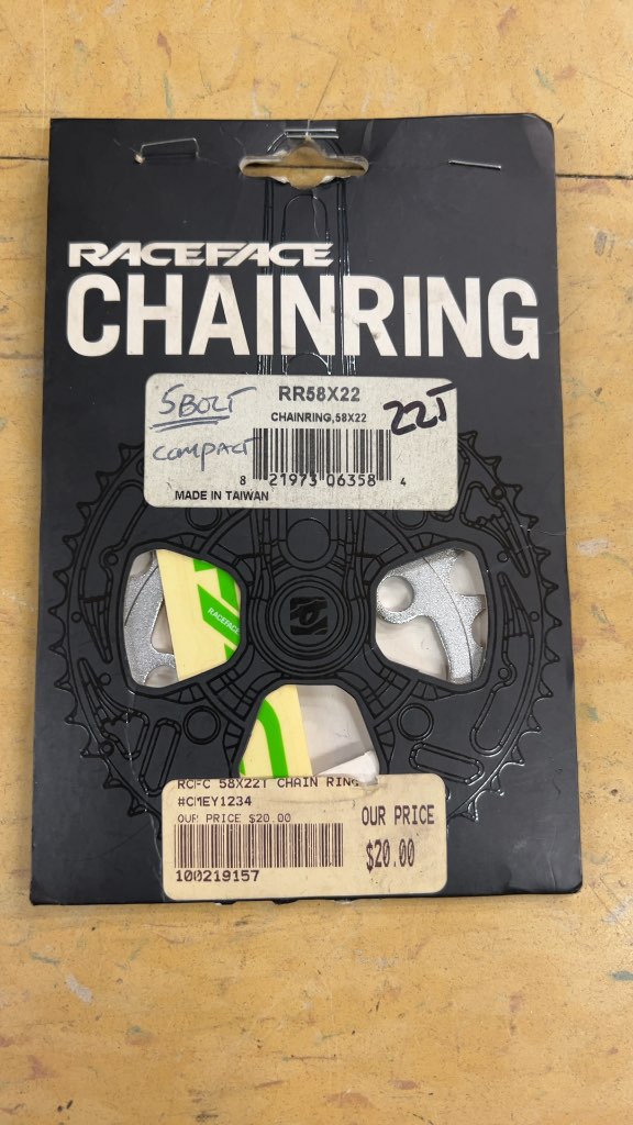 RaceFace 22T 5-Bolt Compact Chainring RR58X22 New 58mm BCD