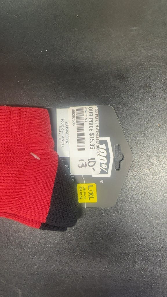 100% Athletic Crew Socks Solid Casual Red New L/XL